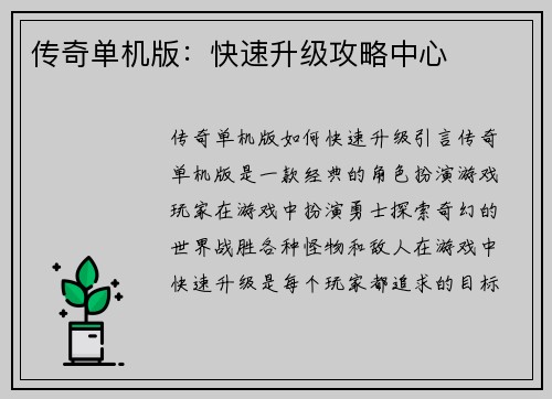 传奇单机版：快速升级攻略中心